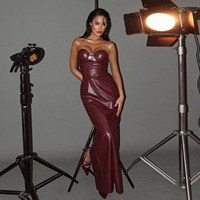 Leder Trägerloses Kleid Taillenschnürendes Gerades Abendkleid Sexy Party Bankett Elegantes Langes Kleid