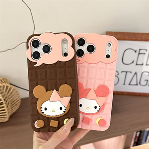Coque de téléphone en silicone motif chat KT de dessin animé avec nœud pour iPhone 17 16 15 Pro Max, en caoutchouc souple antichoc, motif chocolat mignon et amour - Product Image 2