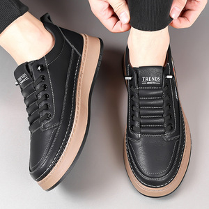 Tendances : Baskets plateforme en cuir véritable pour hommes, à lacets, bout rond, semelle extérieure en caoutchouc respirante, chaussures décontractées d'été - Product Image 3