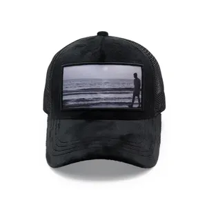 La tua foto di alta qualità 5 pannelli 3d Puff ricamato Applique patch cappello da camionista in maglia di velluto nero personalizzato