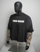 T-shirt noir à épaules tombantes personnalisé en coton épais à double couche tricotée, camouflage, manches longues pour hommes