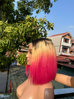 Perruque Lace Frontal Rose Lisse Effet Os, Coupe Bob Courte, Cheveux Humains Lisses Colorés, Mélange de Couleurs, Perruque Lace Closure, Perruques Cheveux Vierges