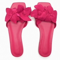 Été Nouvelles chaussures pour femmes Pulm Flower Decorated Sheep Leather Flat Sandals Slide Chaussons