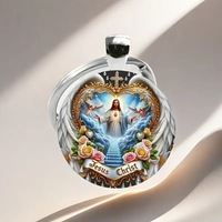 Pendentif Porte-clés Circulaire en Alliage, Motif Statue de Jésus Chrétien, Escalier du Ciel et Ailes d'Ange, Article Décoratif, Accessoire de Bijouterie
