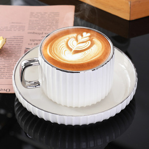 Modern 250ml Gold Handle Ceramic Tea <b>Cup</b> and <b>Saucer</b> Set White Striped Coffee <b>Cup</b> Set of 6 - Product Image 3
