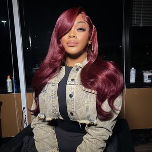 Alta calidad 613 Rubio Real cabello humano 99j peluca roja Color personalizado hueso sin pegamento Peluca de pelo liso Cierre de encaje peluca Frontal - Product Image 4