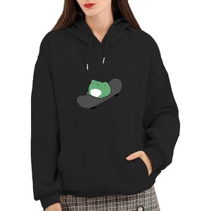 Sweat à capuche pour femme en coton à manches longues, motif grenouille mignonne sur skateboard, noir, taille S, décontracté, pour l'automne - Product Image 2