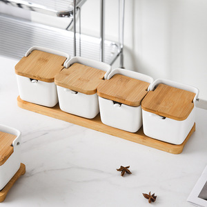 Square Ceramic <b>Spice</b> <b>Jars</b> With Wooden Lids Airtight Minimalist Nordic Style Set For Home Use - Product Image 4