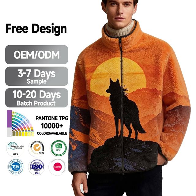 Wholesale Unisex Camouflage Winter Stand Bonded Classic Fit Zipped Heavyweight Recycled Polyester Sherpa Fleece Jackets