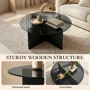 Mesa de centro redonda de vidrio templado con base geométrica cruzada, resistente a los arañazos, fácil de limpiar, mesa de centro moderna para sala de estar - Product Image 5