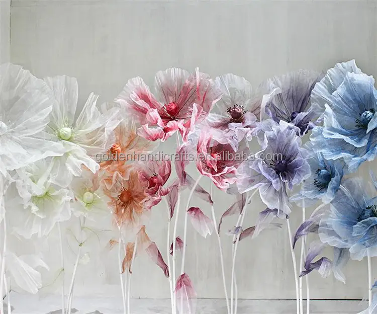 QSLH Ti422 OEM 1.7m Fabric Giant Flowers Wedding Props Removable Stand 3 Heads Giant Silk Flowers Giant Organza Flower