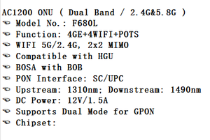 Telecomando GPON <span class=keywords><strong>ONU</strong></span> ONT F680L con <span class=keywords><strong>4GE</strong></span>+4WIFI+POTS, WiFi 2.4G/5.0G, connettore FTTH per unità di rete ottica - Product Image 4