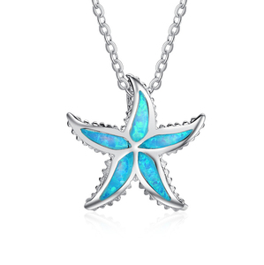 925 Silver Rhodium Plated Opal Starfish Pendant Necklace Bezel Setting Link Chain Classic Unisex Everyday Wear - Product Image 1