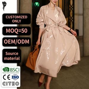 Vestido largo de cuero brillante de cintura alta con cuello en V estilo dulce para mujer, ideal para primavera - Product Image 1