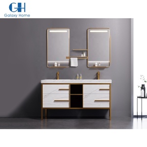 Fashion Practical Furniture Double Vanity Sink White Bathroom Cabinet With Gold Stainless Steel Legs