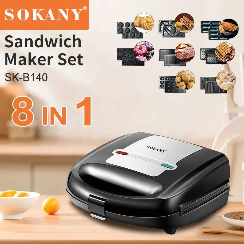 Sokany 8 en 1 tostadora de placa múltiple línea de producción de rebanadas prensa de gofres sandwichera portátil
