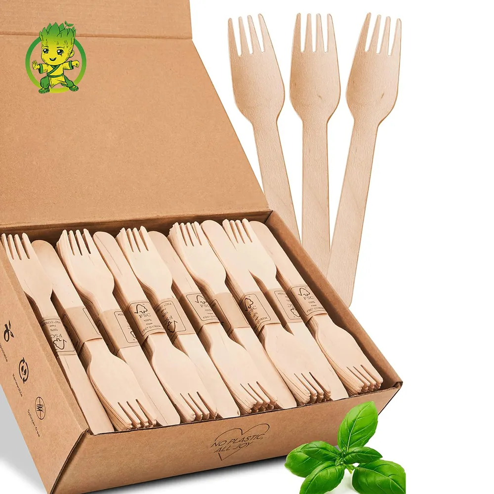 Wooden Forks Disposable Utensils Set Printing Hot Stamp Branding Birch Biodegradable Wooden Fork Cutlery Set