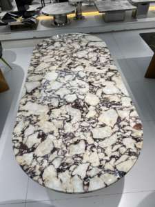 Calacatta <span class=keywords><strong>Viola</strong></span> 2600*1150mm Oval Mármol Piedra Mesa de comedor Bronce Metal Pierna Casa Púrpura Mármol natural Muebles de comedor - Product Image 3