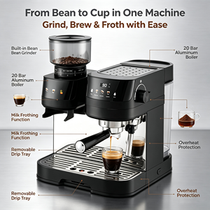 Machine <span class=keywords><strong>à</strong></span> café expresso Anbolife 20 bars avec moulin intégré, <span class=keywords><strong>mousseur</strong></span> <span class=keywords><strong>à</strong></span> <span class=keywords><strong>lait</strong></span>, latte et cappuccino <span class=keywords><strong>à</strong></span> une touche, 1600W, pour la maison - Product Image 2