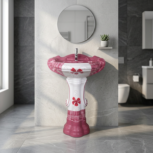 Customized Modern Round Gray Ceramic Wash Basin Pedestal Set Wall Mounted Bathroom Sink with Full Pedestal - Product Image 4