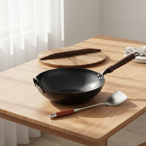 Wok de Acero al Carbono para Restaurante, Sartén Tradicional China de Fondo Plano con Mango de Madera, Tapa de Madera y Espátula para Wok - Product Image 1