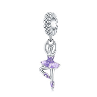 Breloque européenne à grand trou, style ballerine, en émail violet pailleté, en cuivre plaqué argent avec zircon, espaceur pour la danse, pour collier serpent DIY