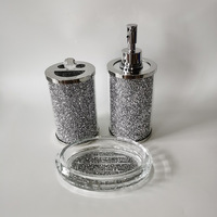 Juego de Baño de Tres Piezas de Cristal DIY con Dispensador de Jabón de Manos Tipo Push, Jabonera con Incrustaciones de Diamantes y Forma Geométrica