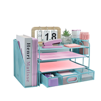 Organisateur de bureau en métal à 4 niveaux avec tiroir pour papier/lettres et 2 porte-stylos - Accessoires de bureau