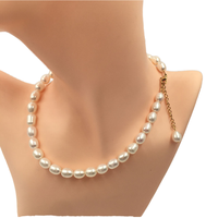 Collier ras du cou 35-50 cm avec fermoir en acier inoxydable plaqué or véritable, perle d'eau douce naturelle, perle de riz AA 7.3-8.3mm durable