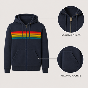 <b>Women's</b> <b>Navy</b> Rainbow Striped <b>Zip</b> <b>Up</b> <b>Hoodie</b> Fleece Hooded Sweatshirt with Kangaroo Pockets - Product Image 4