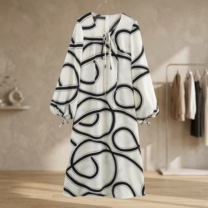 Women's <b>Loose</b> Midi <b>Dress</b> Geometric Print Puff Sleeve Tie Neck Casual Summer Woven Viscose <b>Dress</b> - Product Image 4