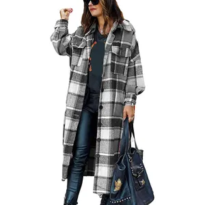 Женская Повседневная клетчатая длинная рубашка с отложным воротником и пуговицами, пальто, клетчатая куртка