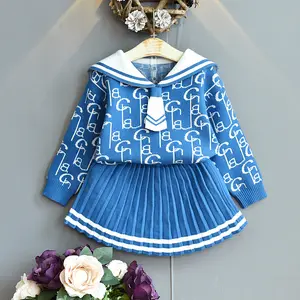 Suéteres de cuello de marinero personalizados para niños, Falda plisada de punto para niñas, conjunto de falda de suéter de 2 piezas para niñas, estilo universitario, primavera y otoño