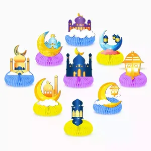 Eid Mubarak masa süslemeleri 9 adet ay fener petek Centerpieces kağıt yelpaze desen ramazan parti malzemeleri