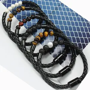 Bracelet médical en cuir tressé et perle de roche de lave personnalisé pour homme avec fermoir magnétique de 8.4 pouces