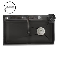 Évier de cuisine multifonction intelligent en acier inoxydable 304 à cuve unique, à montage sous plan, fait main, avec robinet cascade au design moderne - NOUVEAU