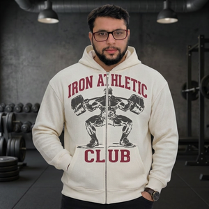 Sweat-shirt à capuche zippé en tricot gaufré crème pour homme, imprimé graphique lettres sur le devant, style streetwear et gym - Product Image 4