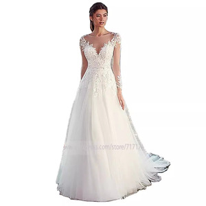 Lace Wedding Dress With French Applique Deep V-Neck Long <b>Sleeve</b> A-Line White Ivory <b>Bridal</b> Gown Natural Waistline Zipper Closure - Product Image 5