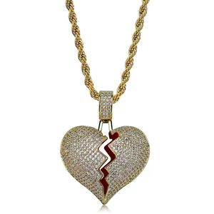 Collier Pendentif Cœur Brisé Iced Out en Laiton CZ Doré Argenté avec Chaîne Corde, Bijoux Hip Hop pour Hommes Femmes, Cadeau - Product Image 4