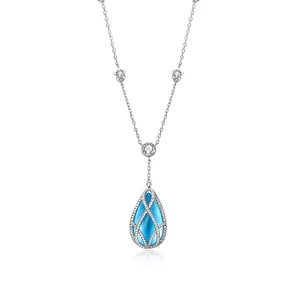 Necklaces For Women Luxury Cubic Zirconia Blue Stone Pendant Necklace 925 Sterling Silver Waterdrop Necklace For Women