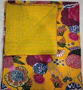 Colcha Kantha Vintage Bohemia Cosida a Mano, Lavable, con Patrón Floral Amarillo, Decoración para el Hogar, para Todas las Temporadas - Product Image 6