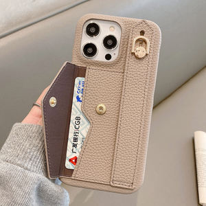 Lady Hand Purse Litchi Grain Leather Cellphone Cover pour <span class=keywords><strong>iPhone</strong></span> 16 Pro Max 15 14 17 PU Wrist <span class=keywords><strong>Band</strong></span> Credit Cards Wallet Phone Case - Product Image 2
