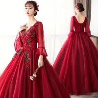 2019 Luxe Wijn Rode Lange Flare Mouw V-hals Mooie 3D Bloem Applicaties Wedding Avond Party Dress