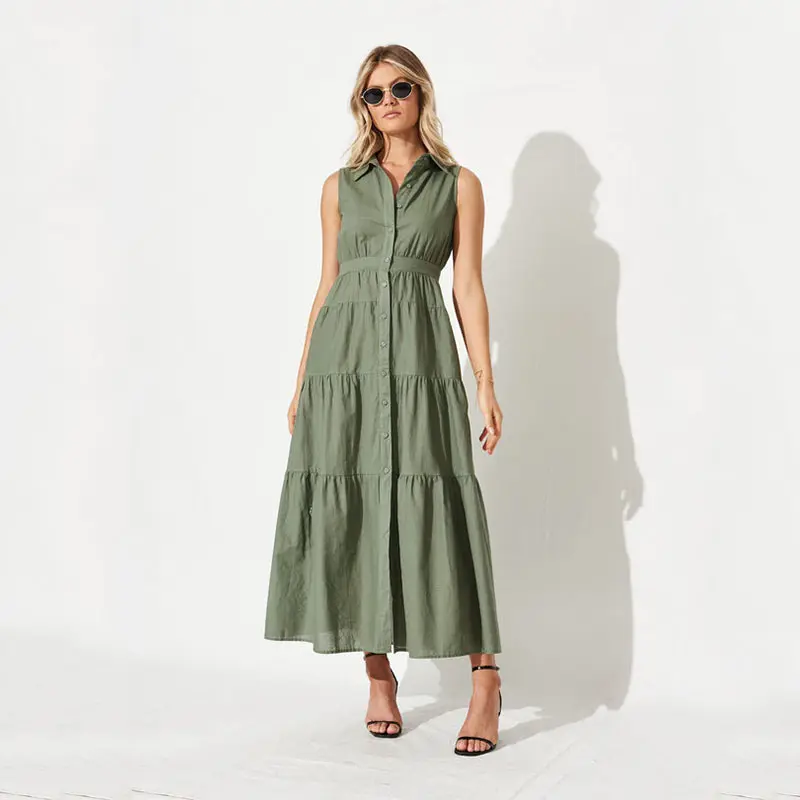 2023 Latest Pleated Design Shirt Dress Women's Classic Sleeveless Green Dress
