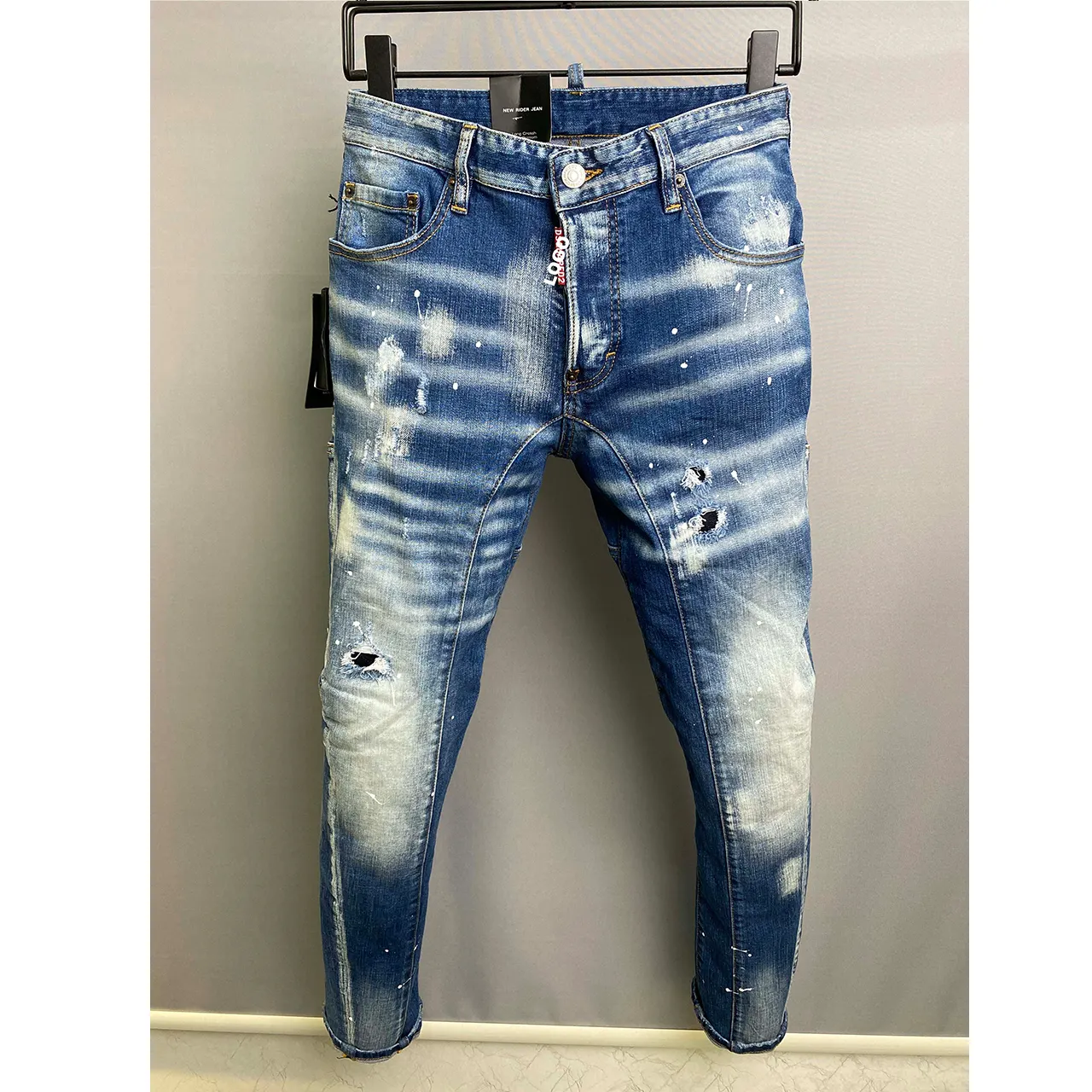 Spring 2023 Slim Fit Mid Rise Casual Washed Denim Pants Male D2 Jeans Small Feet Zipper Decorative Print