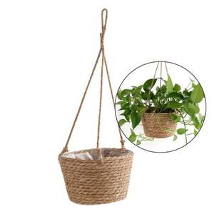 Panier à fleurs rectangulaire en osier, étagère suspendue en macramé, grand pot rond plat fait maison, supports pour plantes - Product Image 1