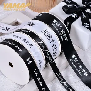Cinta Yama, logotipo de marca de grosgrain personalizado, Impresión de lámina dorada, cinta de satén blanca y negra para joyería, cinta para caja de regalo