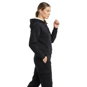 <b>Women</b> Eco-Friendly Solid Black <b>Sherpa</b> Lined Zip up Hoodie Fleece <b>Jacket</b> with Front Logo and Side Pockets Winter - Product Image 3