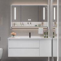 Unit Vanity Kamar Mandi Modern Warna Abu-Abu Tua yang Dipasang di Dinding dengan Kabinet Obat LED & Laci Soft-Close untuk Hotel