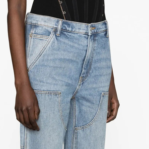 Logo personnalisé femmes coupe droite taille moyenne bleu clair lavage charpentier <span class=keywords><strong>jean</strong></span> respirant Denim Streetwear Sexy décontracté Style poches - Product Image 4